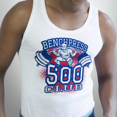 A photo of a man posing in a custom printed T-shirt for a gym